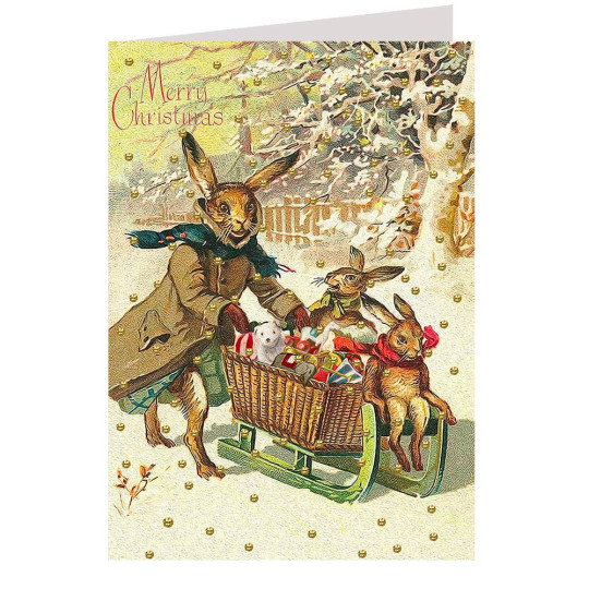Glittered Bunnies Gift Sled Christmas Card ~ England